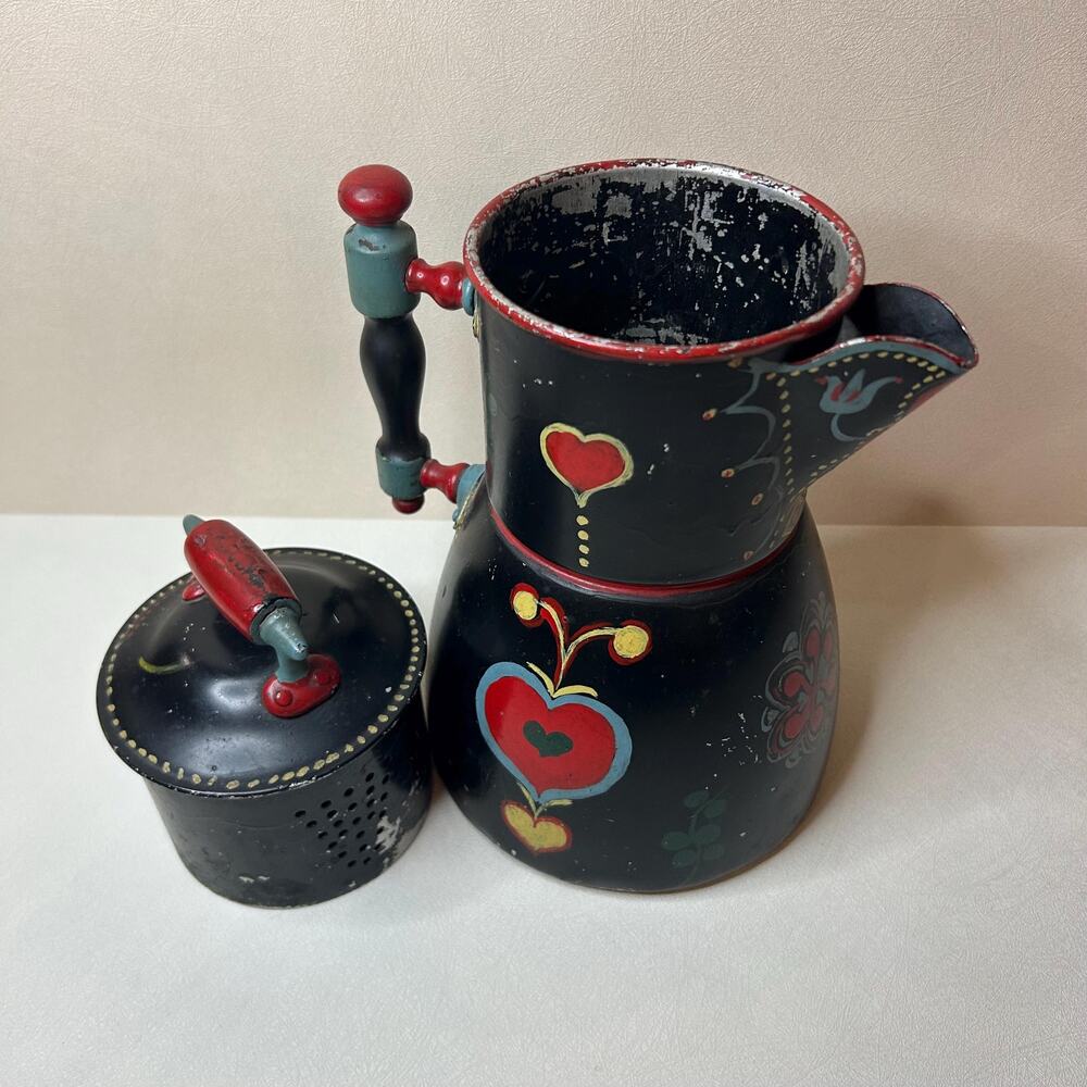 Vintage Hand-Painted Pennsylvania Dutch Toleware Coffee Pot, Folk Art Hearts